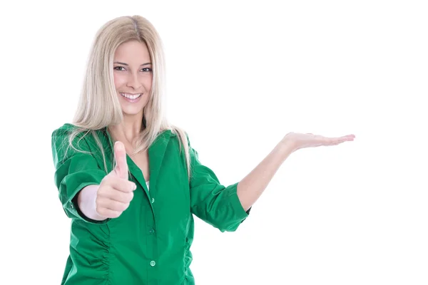 Blond kobieta na białym tle Zielona bluzka i kciuki w górę. — Zdjęcie stockowe