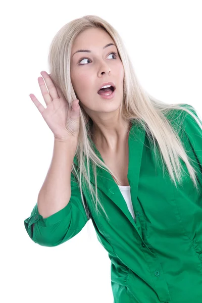 Atractiva mujer joven espiando - aislado en blanco . — Foto de Stock