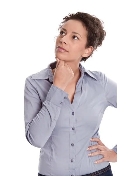 Mujer pensando mirando hacia arriba aislado sobre fondo blanco —  Fotos de Stock