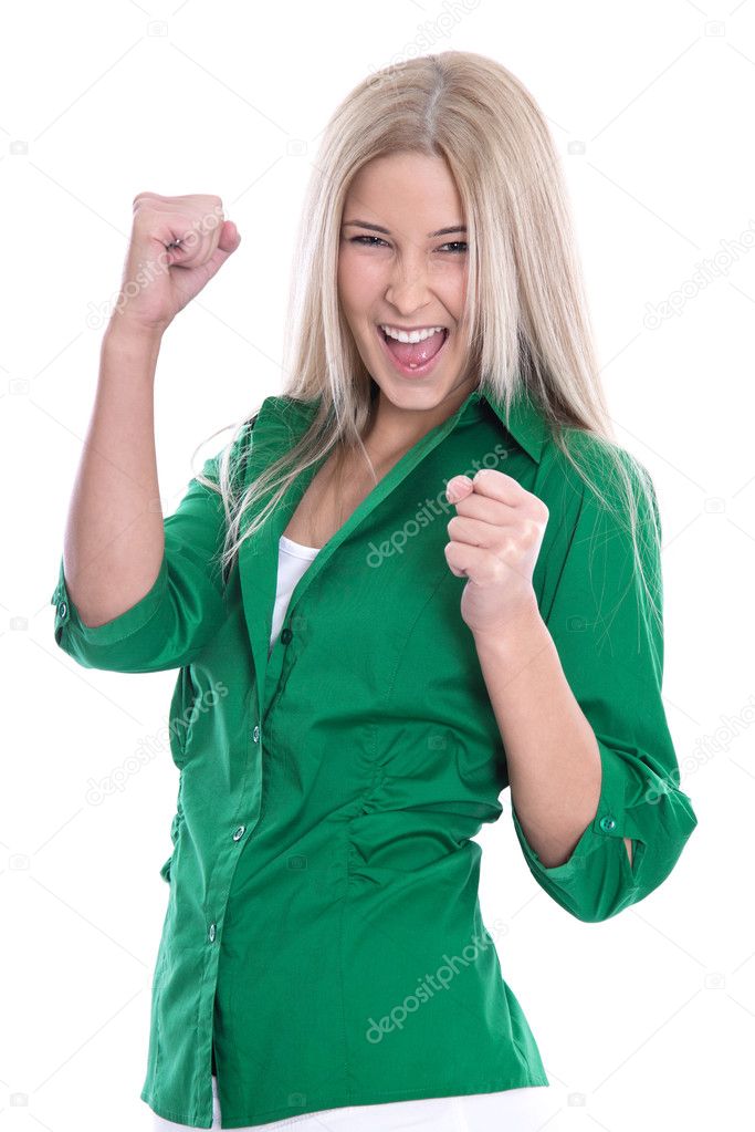 Successful businesswoman - jumping for joy with fists isolated