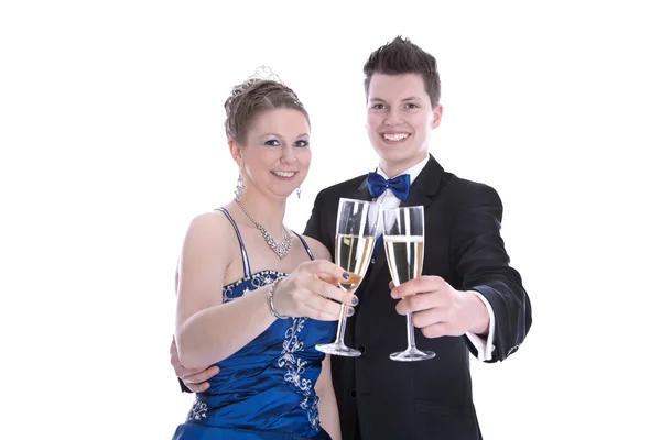 Carnaval : jeune couple isolé sur champagne blanc — Photo