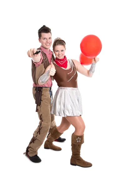 Casal jovem se divertir em tempo de carnaval isolado em branco — Fotografia de Stock