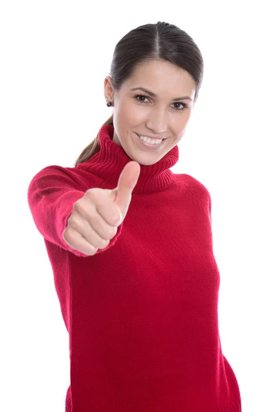 Jovem mulher no pulôver vermelho isolado no branco se divertir — Fotografia de Stock