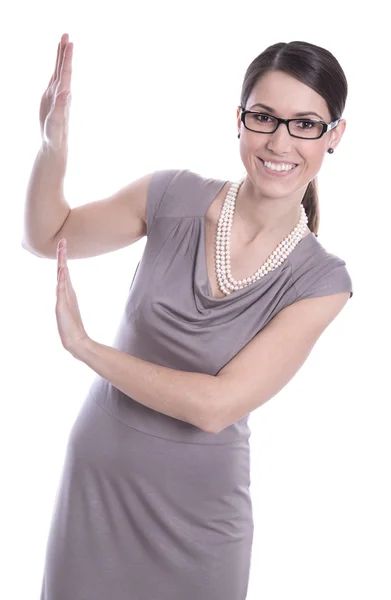 Mulher de negócios sorridente isolada segurando um cartaz ou sinal . — Fotografia de Stock