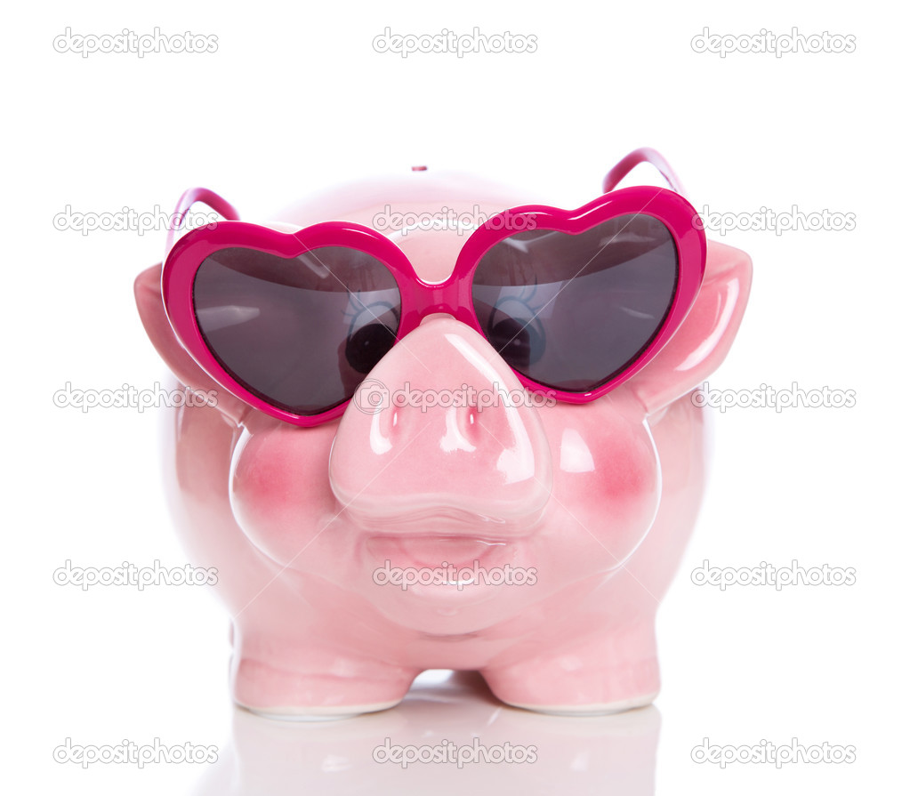 Isolated rose piggy bank with heart glasses on white background