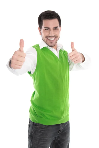 Gelukkig jonge man geïsoleerd in een groen shirt en duimen omhoog. — Stockfoto