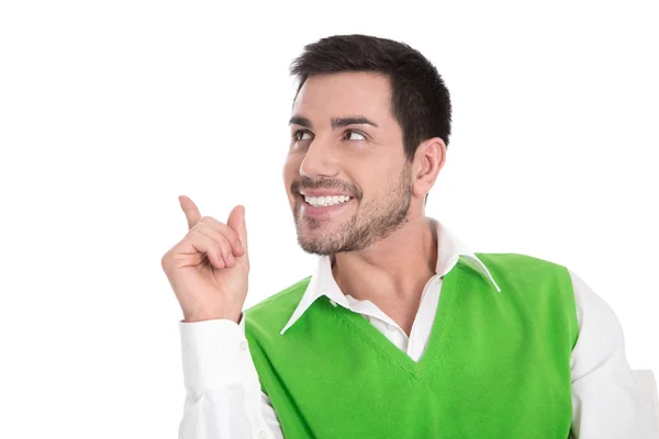 Sorrindo empresário isolado apontando com o dedo indicador . — Fotografia de Stock