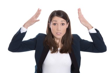 Business: pretty woman excited with hands in the air isolated on clipart