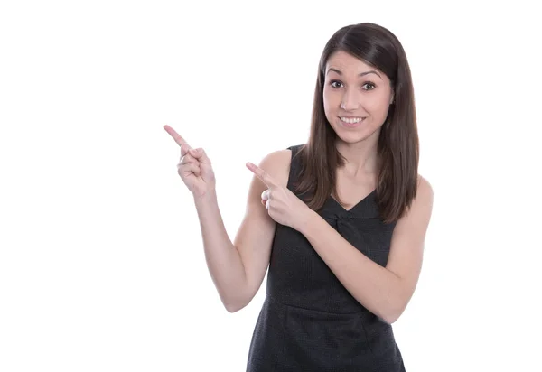 Sorrindo mulher de negócios apresentando isolado sobre fundo branco — Fotografia de Stock