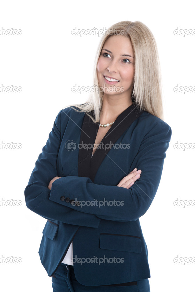 Studio shot of blond woman in suit with arms crossed isolated on