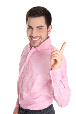 fikir: izole iş adamı beyaz zemin üzerine işaret parmağı ile işaret.