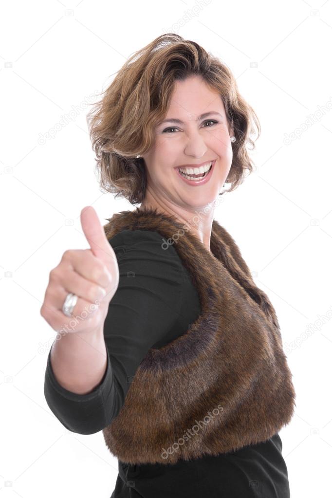 Successful isolated business woman with thumbs up.