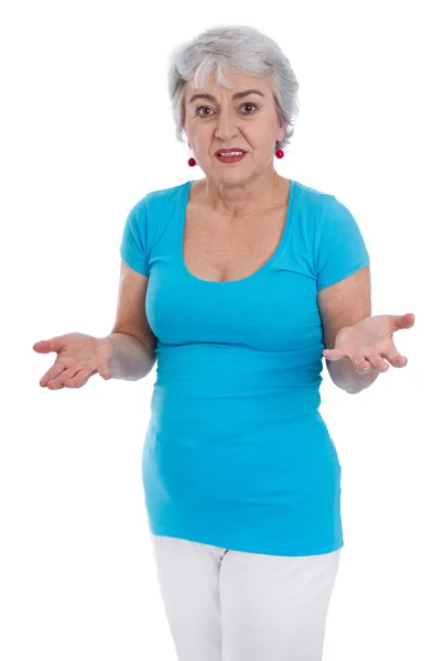 Geïsoleerde senior vrouw in een blauw shirt in menopauze. — Stockfoto