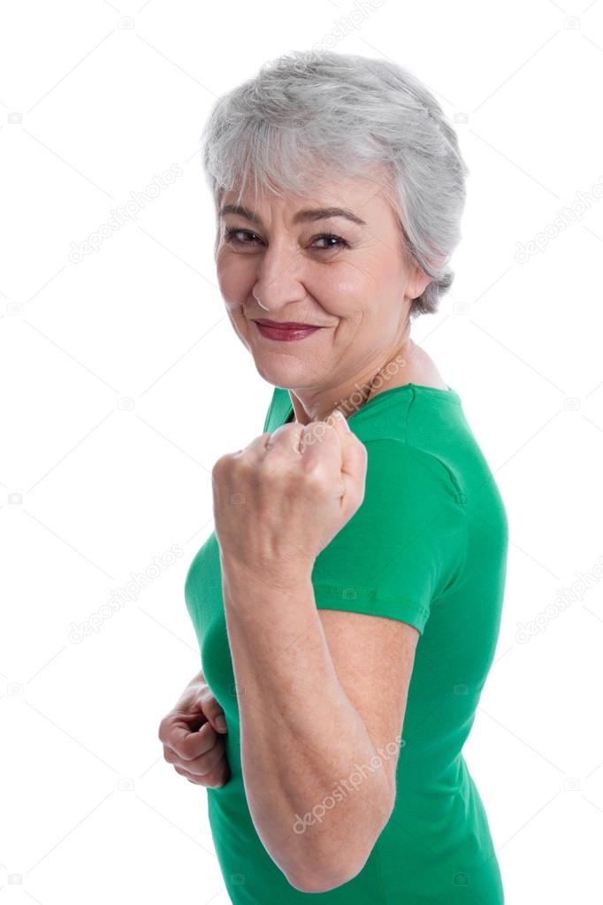 Powerful and health grey haired woman isolated on white.