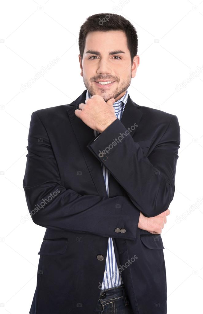 Isolated portrait of self-confident attractive manager on white