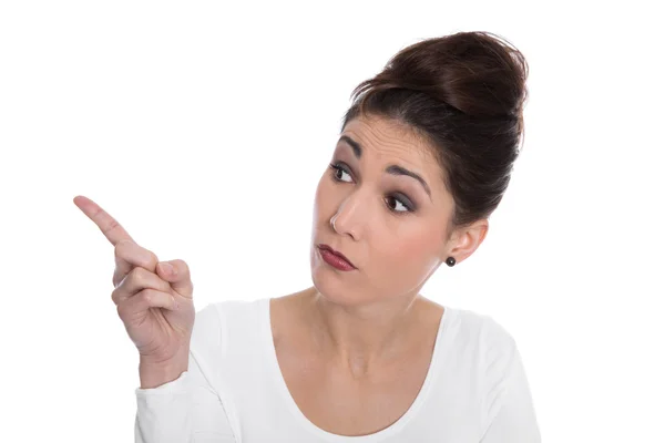 Isolerade attraktiv ung kvinna pekar med pekfingret på — Stockfoto