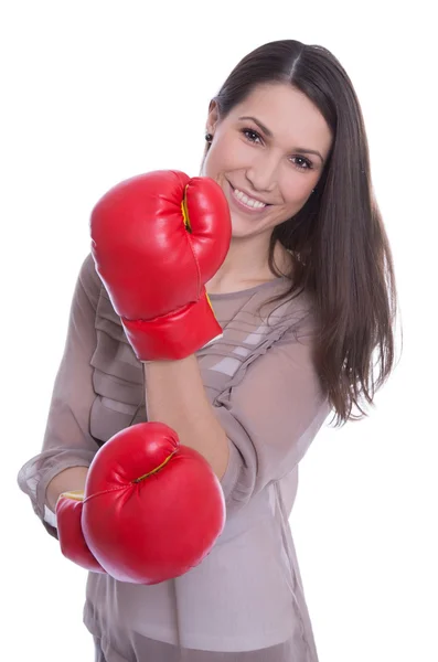 Isolated attractive businesswoman with red boxing gloves on whit — Stock Photo, Image