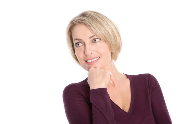 Retrato de mulher idosa feliz sobre fundo branco — Fotografia de Stock