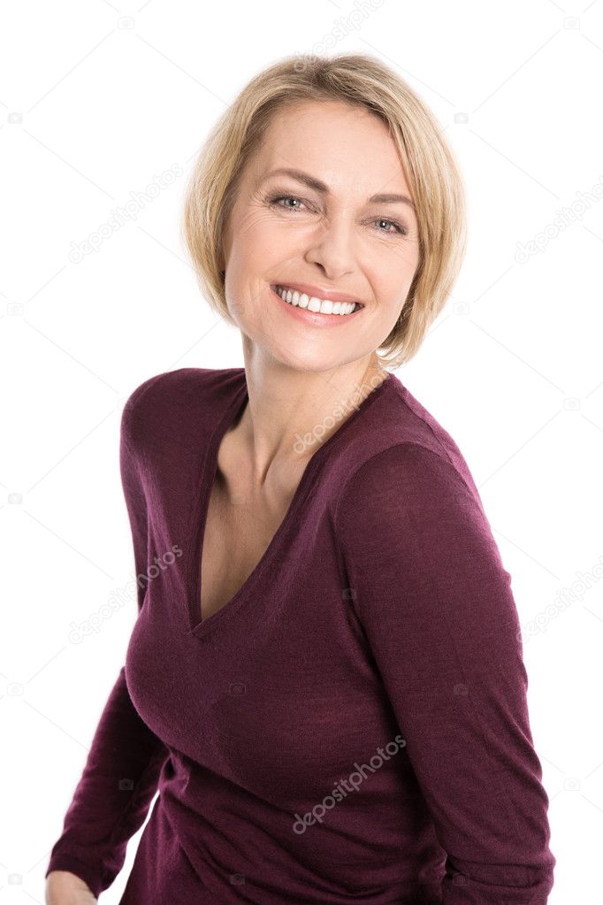 Portrait of happy aged woman over white background