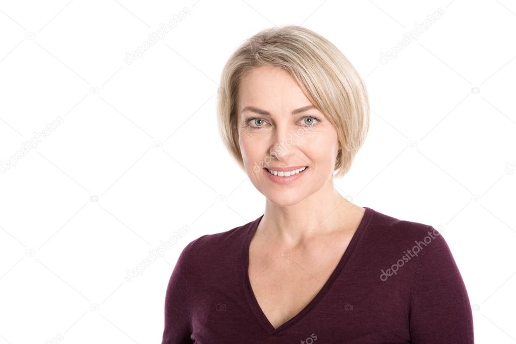 Portrait of happy aged woman over white background