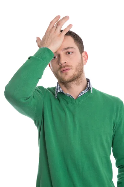 Joven hombre de negocios tiene dolor de cabeza aislado en blanco . — Foto de Stock