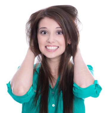 beyaz - saç sorunu izole çaresiz genç kadın.