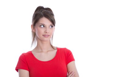 Pretty young woman in a red shirt looking sideways isolated on w clipart
