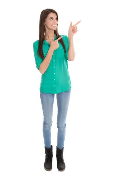 Isolerade unga rolig kvinna presentera eller pekar med sin fi — Stockfoto