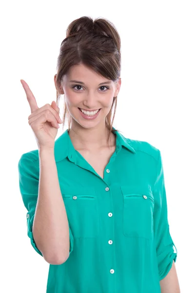 Happy woman pointing up with her finger - isolated over white — Stock Photo, Image