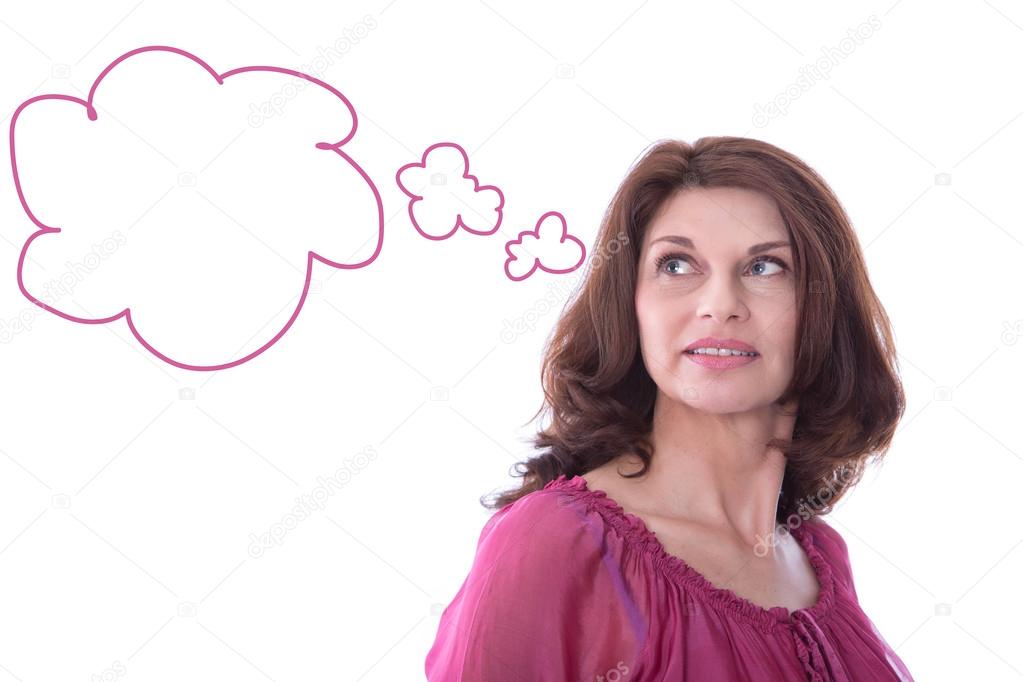 Satisfied older woman with speech balloon isolated on white.