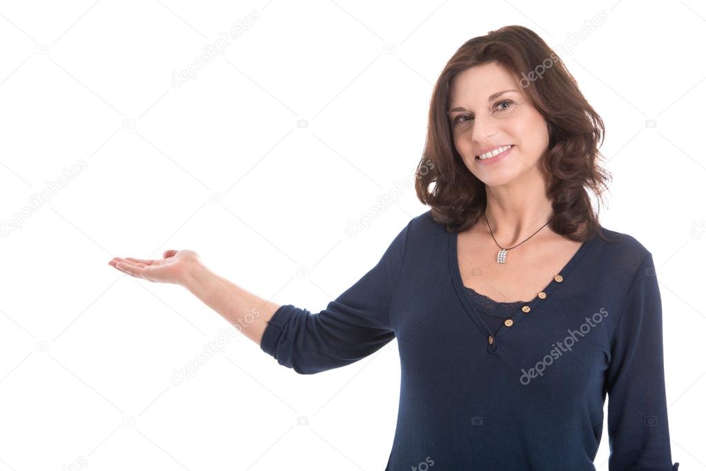 Portrait of happy senior business woman isolated on white presen