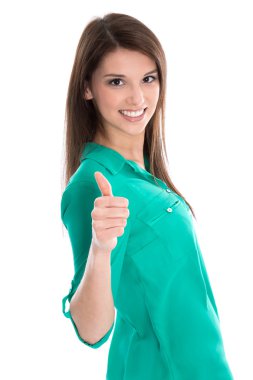 Yeşil izole başarılı genç kız öğrenci.