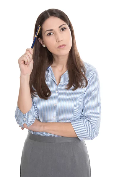 Empresária isolada decepcionada e pensativa em branco . — Fotografia de Stock