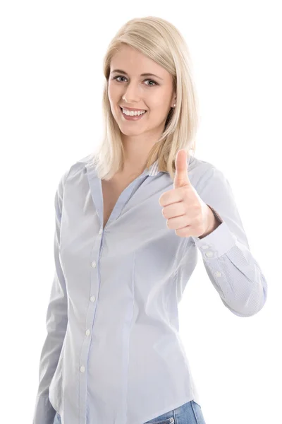 Isolated successful blonde trainee with thumb up on white. Royalty Free Stock Images