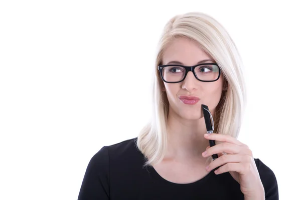 Retrato de considerar secretaria rubia aislada sobre blanco . — Foto de Stock