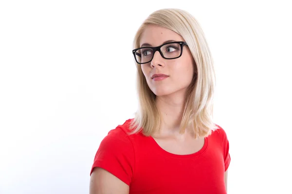 Retrato aislado de estudiante rubia atractiva con anteojos . —  Fotos de Stock