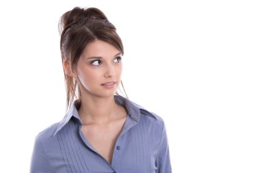 Portrait of isolated pretty young woman looking sideways. clipart