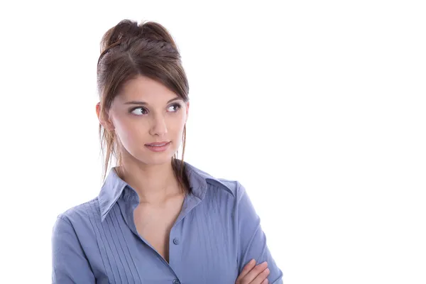 Jolie jeune femme regardant latéralement - isolé sur blanc . — Photo