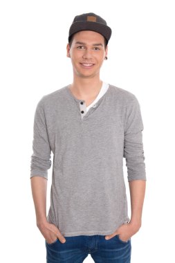 beyaz zemin üzerinde kap ile izole memnun delikanlı. 