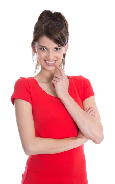 Mujer joven feliz aislada sobre fondo blanco . —  Fotos de Stock