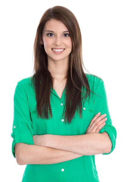 Retrato de estudante de sucesso em blusa verde isolado em branco — Fotografia de Stock