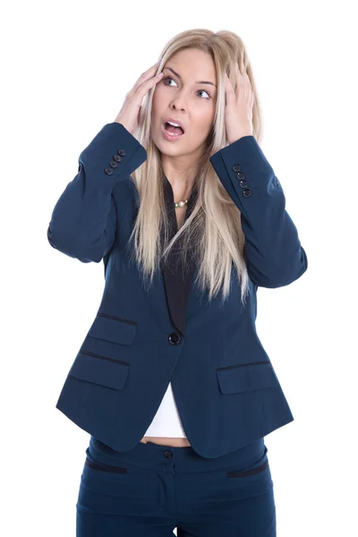 Geschokt aantrekkelijke blonde jonge zakenvrouw geïsoleerd op wit — Stockfoto