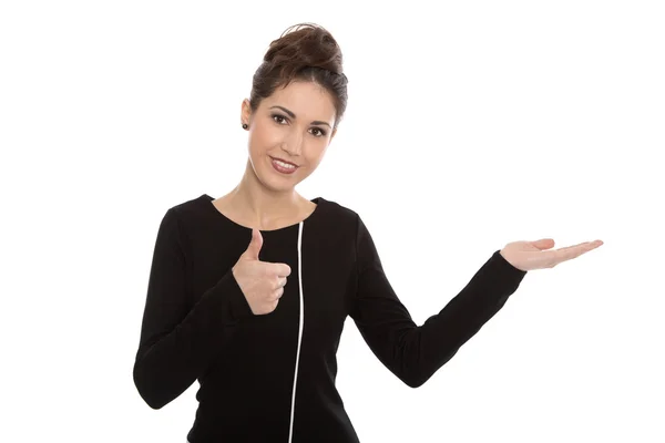 Mujer joven en vestido negro en un tablero de publicidad . — Foto de Stock