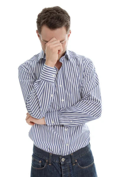 Smutny mężczyzna na białym tle ma migreny lub depresji. — Zdjęcie stockowe