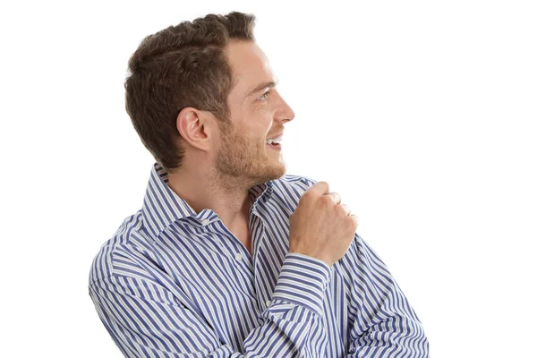 Hombre joven en camisa azul mirando hacia los lados aislado en el respaldo blanco —  Fotos de Stock