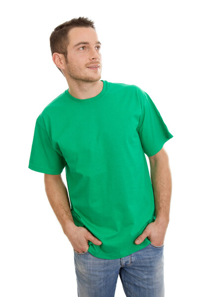 Isolated young smart man in green looking sideways on White.
