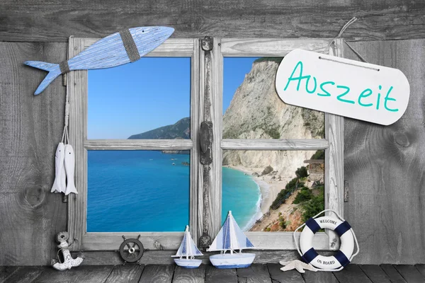 Holidays on the blue ocean coast - wooden window. — Stock Photo, Image