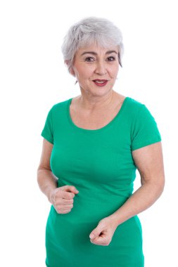 gri saçlı beyaz izole mutlu olgun kadın.