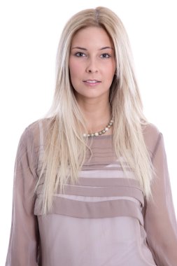 güzel sarışın kadın genç üzerinde beyaz izole bir yüz.