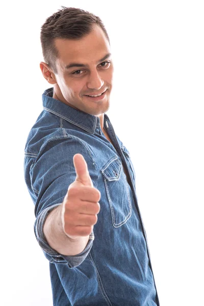 Cara de um homem bonito e isolado com os polegares para cima . — Fotografia de Stock